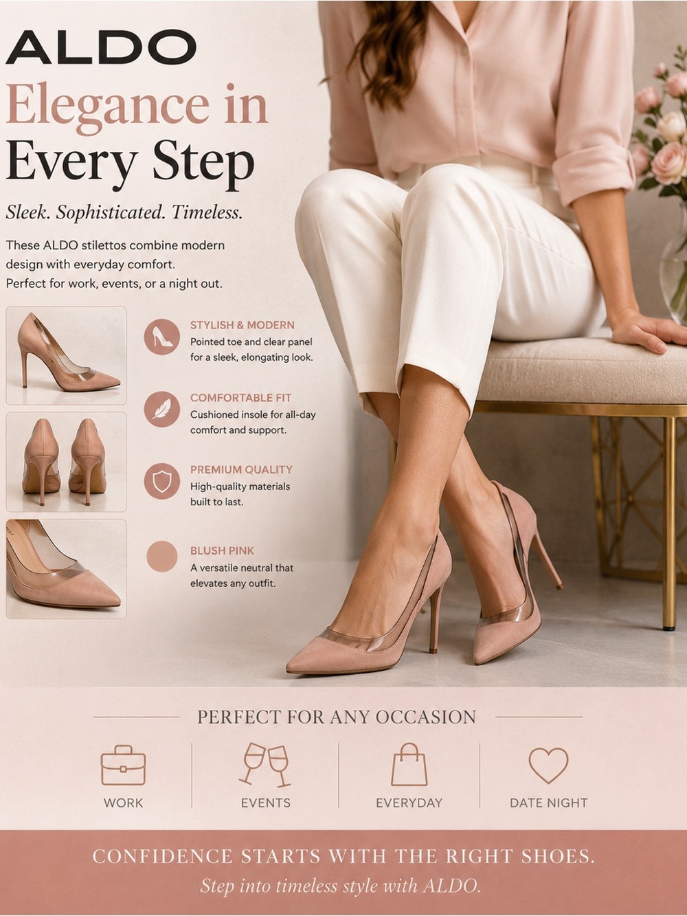 ALDO Blush Pink Pointed-Toe Stiletto Pumps with Clear Panel